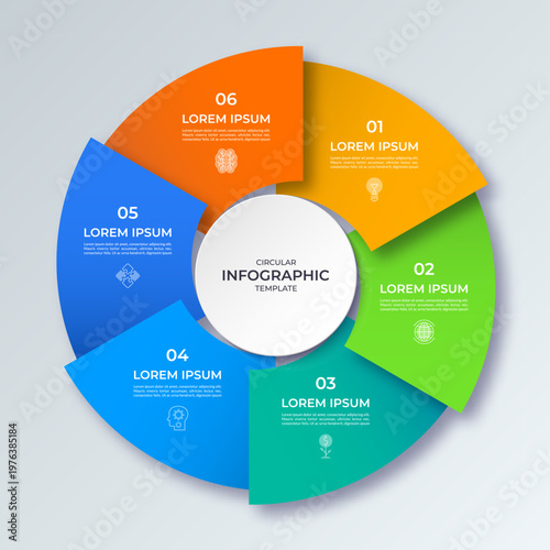 Vector infographic circle with six steps. Cycle diagram with 6 options. Round chart that can be used for report, analytics, data visualization and presentation.