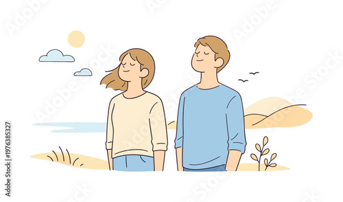People enjoying spring routine near open surroundings, standing side by side and breathing fresh air calmly, minimalist flat