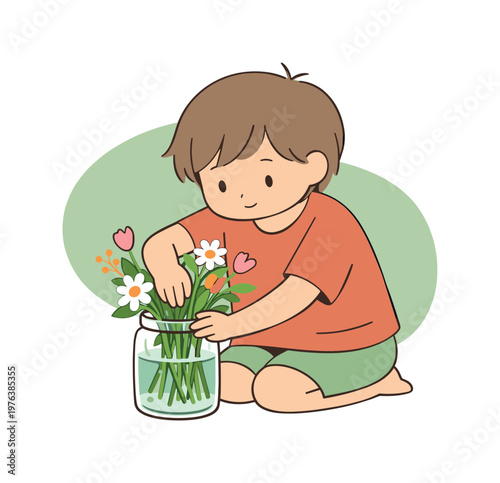 Child Arranging Flowers. Gentle child finishes arranging flowers in a jar pressing stems down as water settles and balance returns