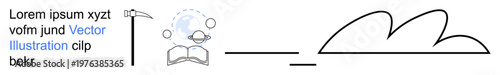 Education, creativity, learning, mining ideas, abstract concepts, design resources. Open book, pickaxe cloud forms and text arrangement. Education and creativity visually