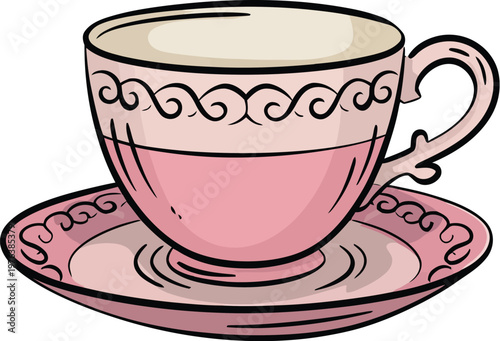Teacup and saucer illustration, delicate pink set with elegant scrollwork on white background for tea time and decorative vintage design.