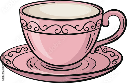 Pink teacup illustration, delicate cup and saucer with elegant scrollwork on white background for tea time, vintage, and decorative design.