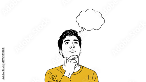 A pensive young man in a yellow shirt looks upward with a blank thought bubble against a white background, with copy space. This clean illustration represents creativity and brainstorming.