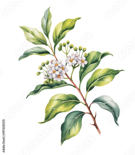 Soft white star-shaped blossoms in a delicate hand-painted watercolor cluster.