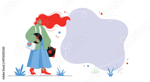 Cartoon woman walking, colorful illustration, flat design, modern style
