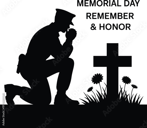 Memorial Day soldier illustration, kneeling in respect beside a grave cross honoring fallen heroes, remembrance, sacrifice, and patriotic tribute design.