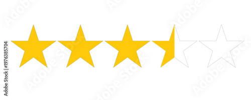 Row of Five Stars Featuring Three and a Half Blue Solid Stars for Product Rating and Customer Review Isolated on White Background