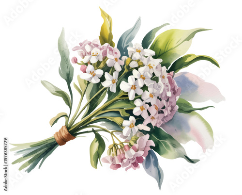 Soft white star-shaped blossoms in a delicate hand-painted watercolor cluster.