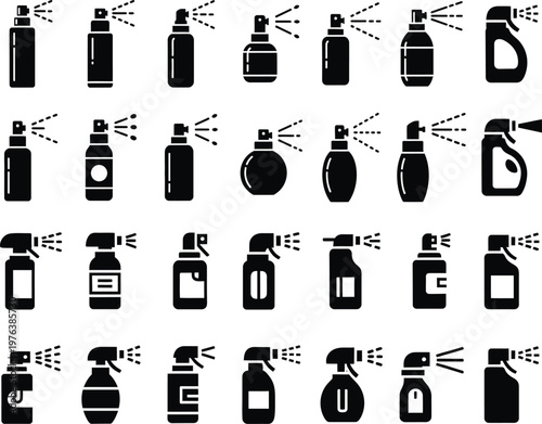 Set of spray bottles, aerosol cans, and trigger sprayer dispenser icons for cleaning and personal
