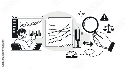 Minimalist Growth Analysis Collage. Modern minimal flat vector conceptual collage, crisp hard edges, consistent THIN outline