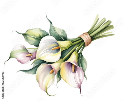 calla, lily, flower, floral, botanical, bloom, blossom, Dreamy calla lily bouquet with flowing leaves in soft pastel watercolor.