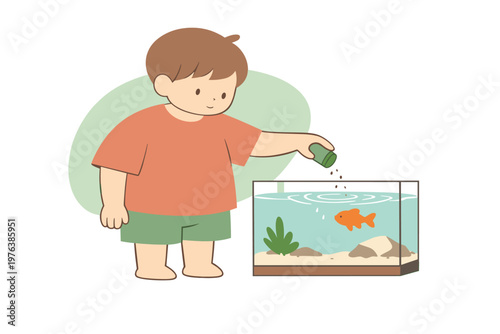 Calm child pauses after feeding a pet fish, checking the tank as gentle ripples move across the surface | scene of child feeding