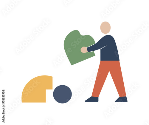 Human figure removes one abstract shape completely, marking a decisive moment of thought reduction. Stylized editorial character