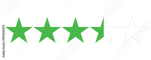 Row of Five Stars Featuring Three and a Half Green Solid Stars for Product Rating and Customer Review Isolated on White Background.