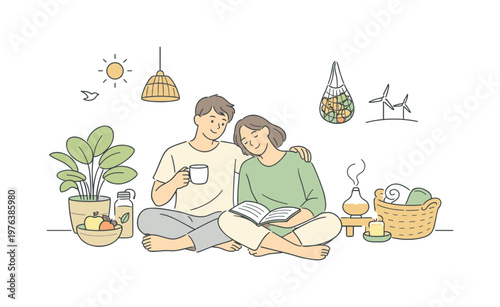 Couple eco lifestyle choices relaxing at home after mindful habits, sitting close and sharing quiet satisfaction, minimalist flat