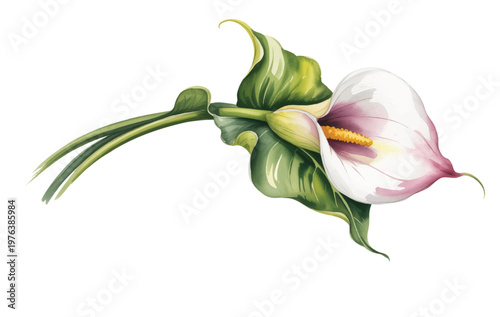 
Elegant calla lily flowers with flowing foliage in delicate hand-painted watercolor.
