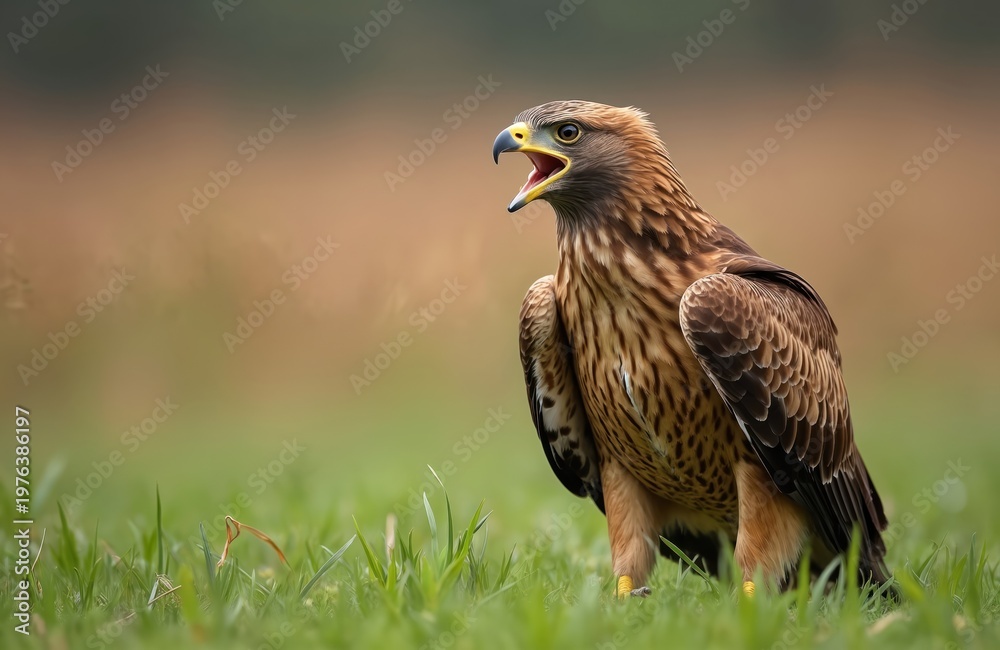 Fototapeta premium Lesser spotted eagle raptor bird stands on green grass. Wild predator bird with open beak looks left. Brown feathers show detailed pattern. Wildlife animal portrait.