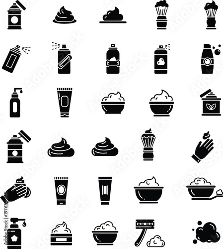 Set of shaving cream foam lather razor brush icons for personal grooming and skincare products
