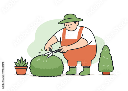 Tranquil Plant Pruning. Calm gardener trims plant edges with scissors while greenery stays neat and space around remains open |