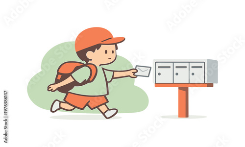 Bright child hurries carefully with a note, crossing a small yard toward a mailbox area before returning home after task today ok