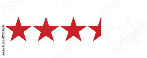 Row of Five Stars Featuring Three and a Half Red Solid Stars for Product Rating and Customer Review Isolated on White Background.