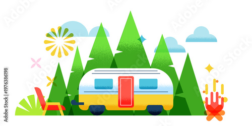 Summer camping banner with motorhome, pine trees and campfire. Vector design for travel, outdoor adventure, vacation
