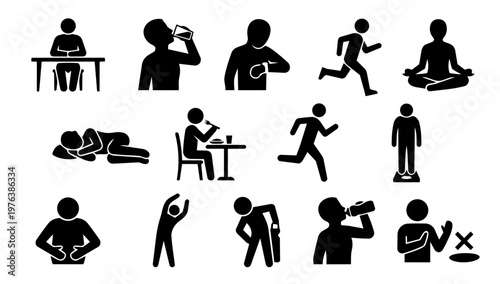 Intermittent Fasting Silhouette Set – Wellness, Diet, Hydration and Healthy Lifestyle Icons