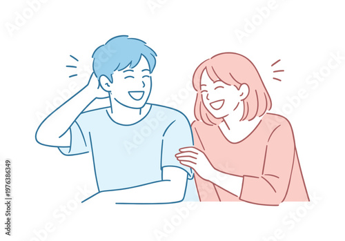 People enjoying spring routine sitting together on a simple bench and sharing relaxed conversation, minimalist flat vector