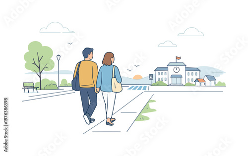 Parents walking regular school route as part of morning routine, balanced composition with open space and gentle motion conveying
