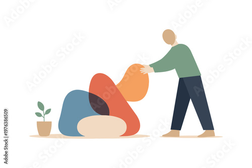 Person gently pulling one abstract form away from the cluster, starting simplification through separation. Stylized editorial