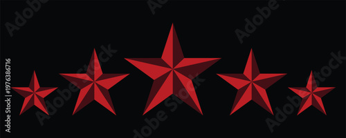 Row of Five Dark Red Beveled Stars in Graduated Sizes for Professional Customer Product Rating and Achievement Ranking Isolated on Black Background.