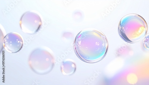 シャボン玉のような透明球体と水滴が広がるパステル抽象背景 虹色のグラデーションと光沢が美しいミニマルビジュアル ジェネレーティブAI