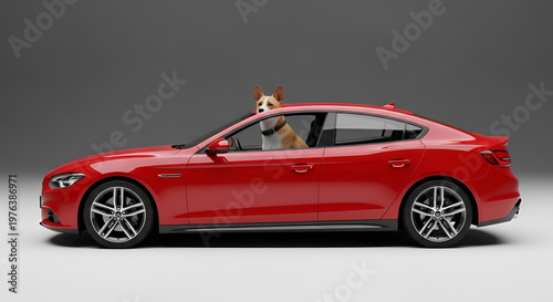 A cute dog with perky ears sits in the driver's seat of a shiny red sedan, looking out the window, isolated on a neutral gray background, concept for pet travel or car ownership