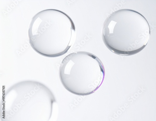 透明な水滴が浮遊するミニマルな抽象背景 光と反射が美しいクリーンで高級感のあるビジュアル ジェネレーティブAI