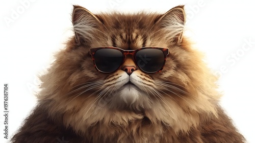A majestic, fluffy, and cool-looking cat wearing sunglasses, captured in a close-up portrait against a white background