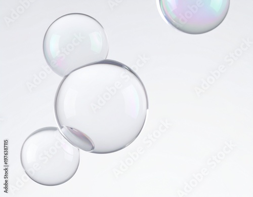透明な水滴と球体が浮かぶシンプルな背景 光と屈折が美しいミニマル抽象ビジュアル ジェネレーティブAI