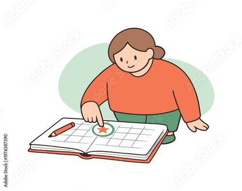 Warm person checks a calendar marking an important day as pages lie flat and the planning feels unhurried | scene of person