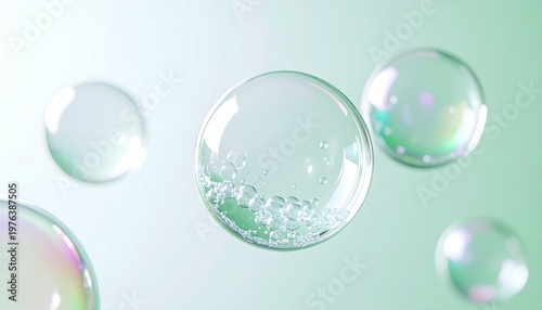 セラミド配合をイメージした美容液の水滴と透明バブルが浮遊するクリーンでグリーンな背景 光と反射が美しいスキンケア抽象ビジュアル ジェネレーティブAI