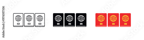 Departure context conveyed by identical passports arranged in a neat horizontal row, same cover shape and proportions repeated