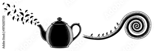 Teapot pouring umbrellas and people running on a spiral path in surreal engraving style