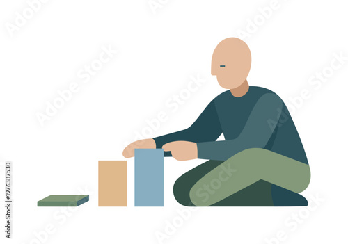 Professional reflection on work expanding as the figure aligns two simple remnants of past tasks, beginning to evaluate