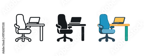 Efficient remote setup outcome visualized by an ergonomic chair and laptop on desk combined into one icon figure, identical