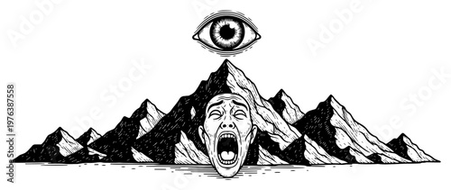 Screaming mountain face with floating eye in surreal engraving style