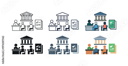 Administrative government icon depicting a government building, service counters, and official forms arranged to illustrate