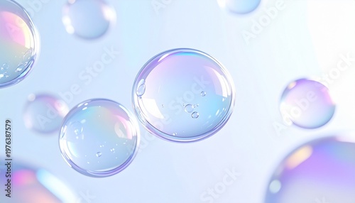 CICAやヒアルロン酸をイメージした美容成分の水滴とシャボン玉が浮かぶブルーのクリーン背景 光と屈折が美しい抽象ビジュアル ジェネレーティブAI