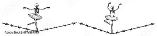 Skeleton ballerina dancing on barbed wire in vintage engraving style