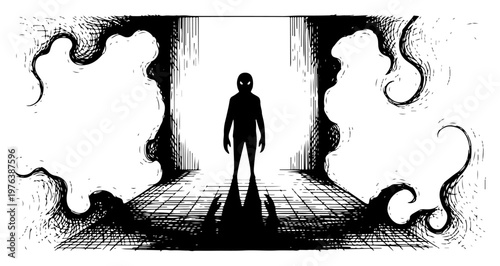 Mysterious dark figure standing in a glowing portal doorway with smoke in vintage engraving style