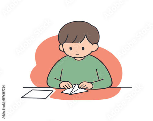 Quiet child folds paper into a small airplane at a table while edges align and focus stays gentle nearby during quiet practice