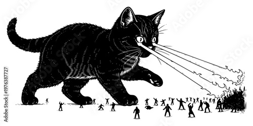 Obraz na plátně Giant black kitten shooting laser beams from eyes at tiny people in vintage engr