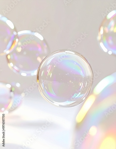シャボン玉のような透明な気泡が漂うやさしい背景 虹色の光と反射が美しいミニマル抽象ビジュアル ジェネレーティブAI